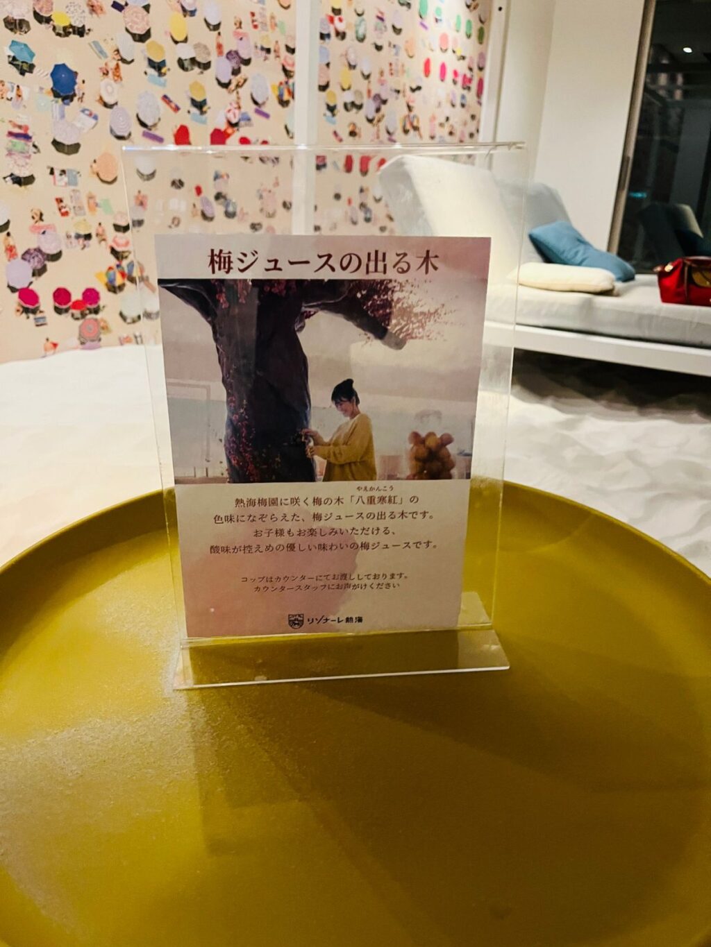 「梅ジュースの出る木」の案内（熱海梅園・八重寒紅モチーフ）